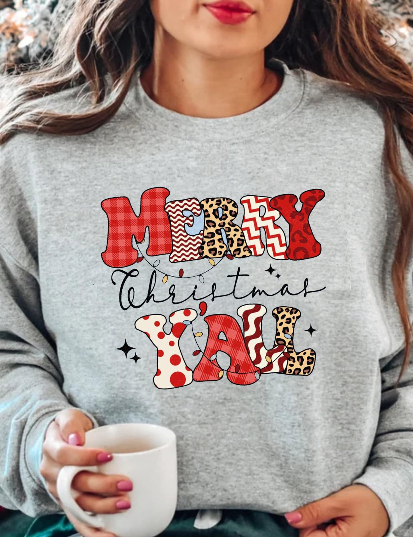 CCOTPRRP Merry Christmas Yall Sweatshirt Women Xmas Gift Cute Graphic Pullover Winter Crewneck Long Sleeve Top Shirts (P1,XL)