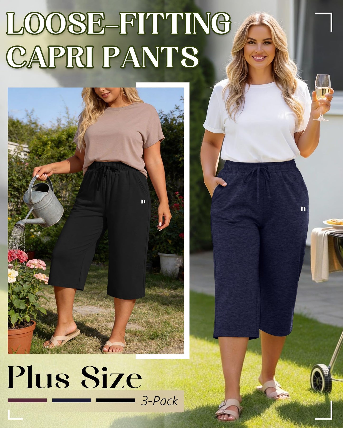 Neer 3 Pack Women's Plus Size Capris,Wide Leg Loose Pants Casual Drawstring Capri Sweatpants Drawstring Pants with Pockets(Black, Wine Red, Midnight Blue,3X-Large)