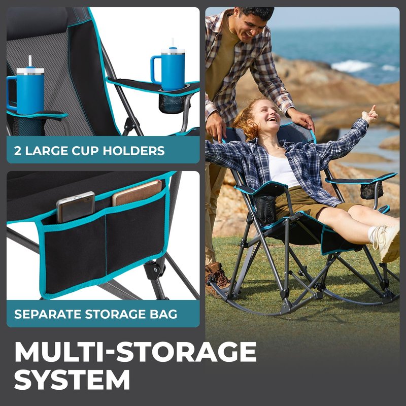 FUNDANGO Oversized Rocking Camping Chair for Adults, Portable Folding Lawn Chairs for Outside with Pillows, Wide Armrest, 2 Cup Holders, Carry Bag for Patio Garden Outdoor Supports 400Lbs (Black/Blue)