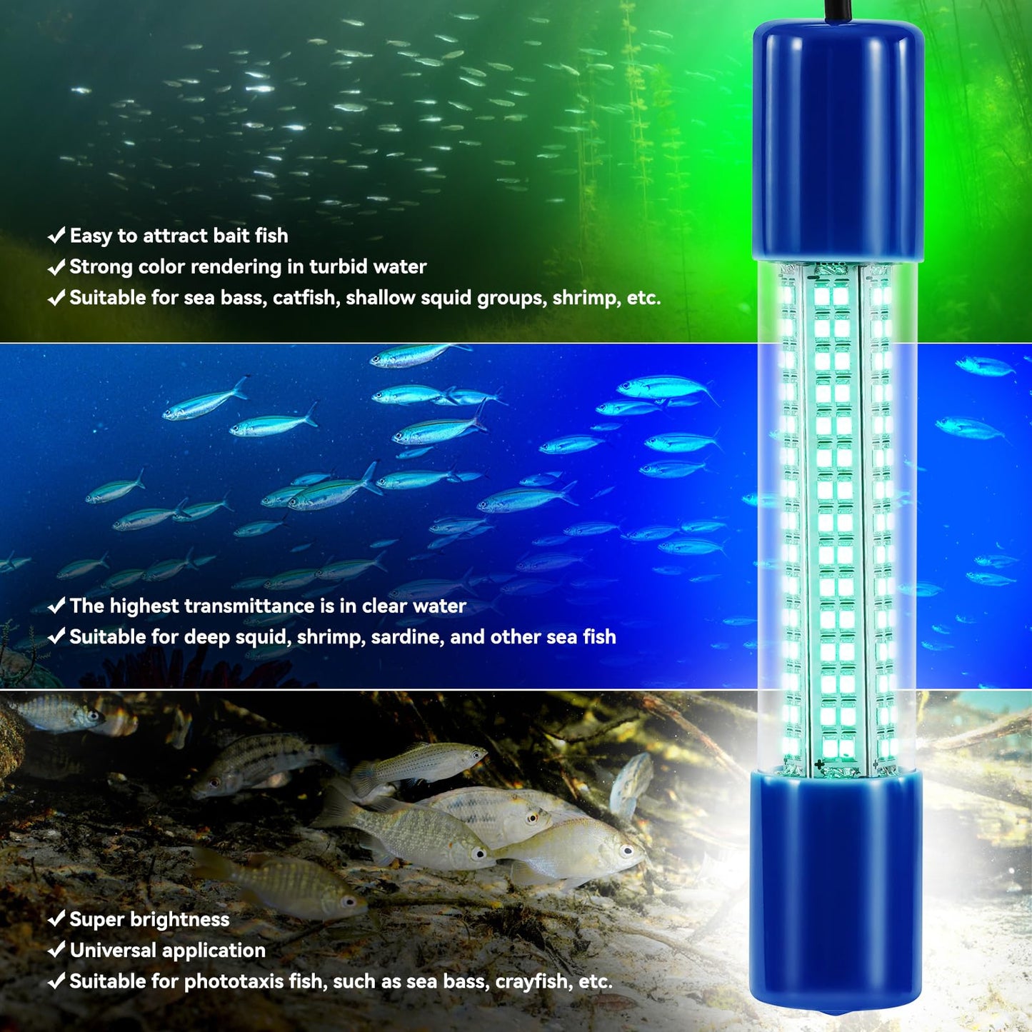 18W Green Underwater Fishing Light, IP68 Waterproof LED Fish Bait Light 1200LM Submersible Attractants Lamp on Boats/Docks for Night Snook Crappie with Battery Clips, DC 12-24V, 16.4ft Cable