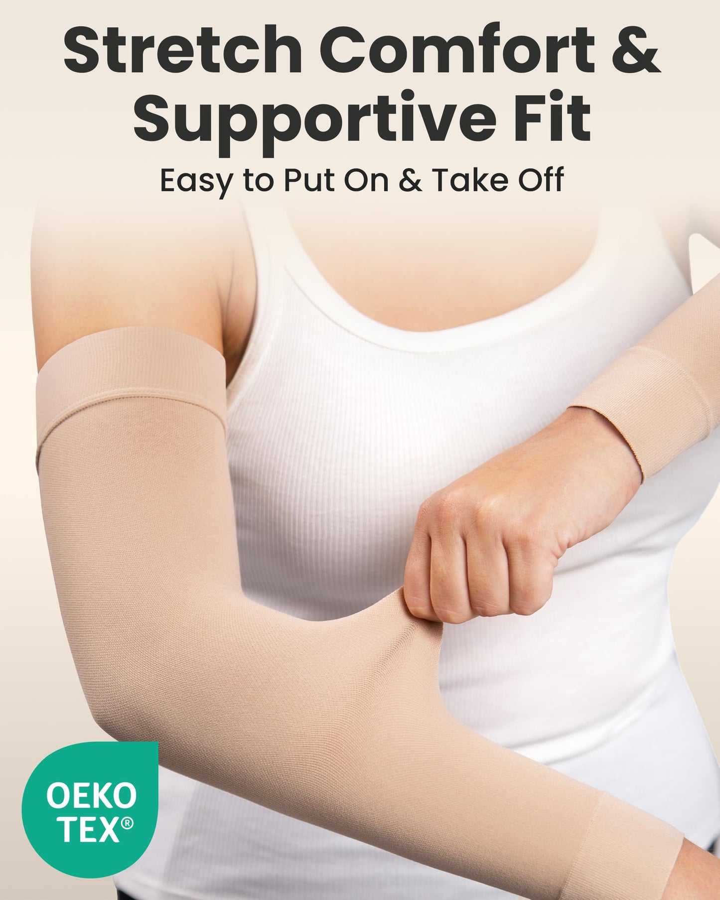 KEMFORD Compression Lymphedema Arm Sleeves for Women – 15-20 mmHg, Silicone Grip, 1 Pair, Beige, S/M – Medical Full Arm Support for Swelling, Circulation & Edema