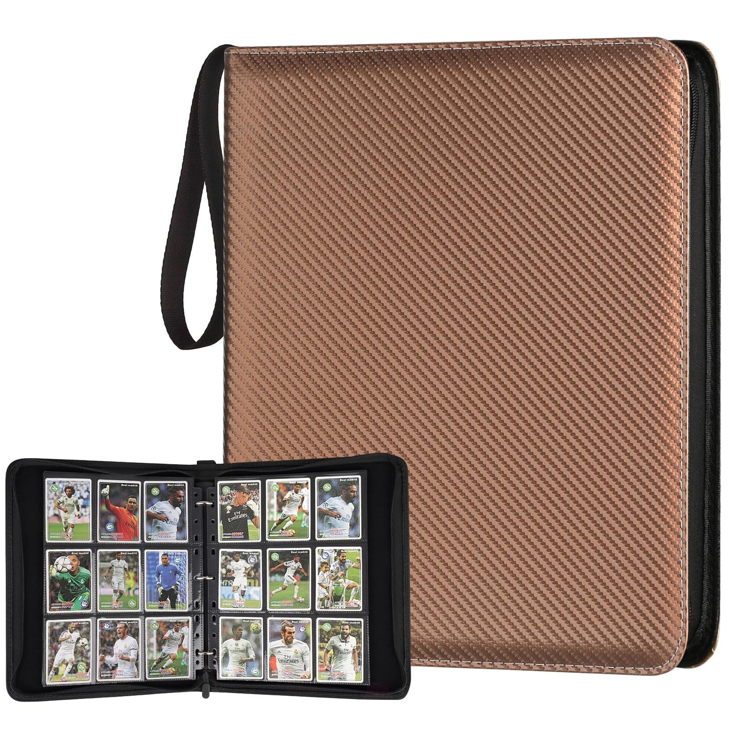 GERMUN 3 Ring 9 Pocket Zipper Card Binder, 720 Double Sided Standard PU Trading Card Album Folder for TCG & Sports Cards, Not Fit Top Loaders (Brown)