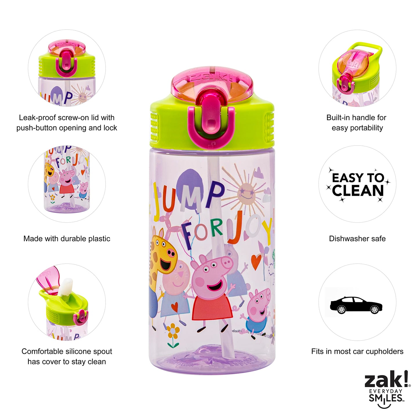 Zak Designs Peppa Pig Kids Water Bottle For School or Travel, 16oz Durable Plastic Water Bottle With Straw, Handle, and Leak-Proof, Pop-Up Spout Cover (Peppa & Friends)