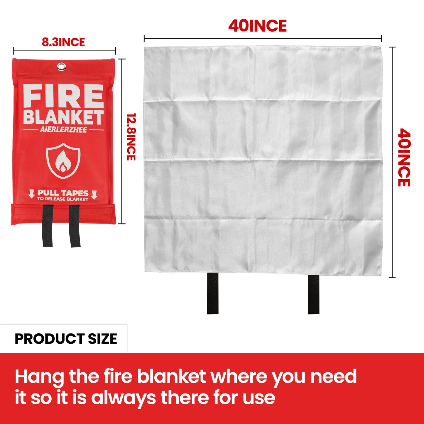 AIERLERZHEE Fire Blanket 2 Pack 40"x40" – CE Certified Fiberglass, Heat Resistant to 1076°F – No-Mess Fire Suppression for Kitchen, Grill, Car, Camping & Home Safety