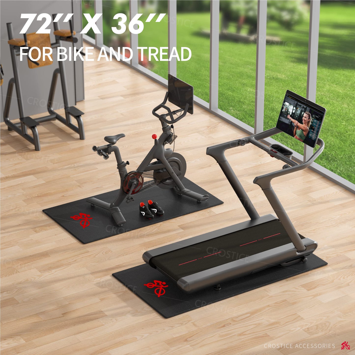 Crostice Bike Trainer Mat Compatible with Peloton Bike, for Treadmill & Row, THK 6mm, Under Mat Protect Hardwood Floor Carpet, Trainer Accessory for Indoor Stationary Exercise Bicycle