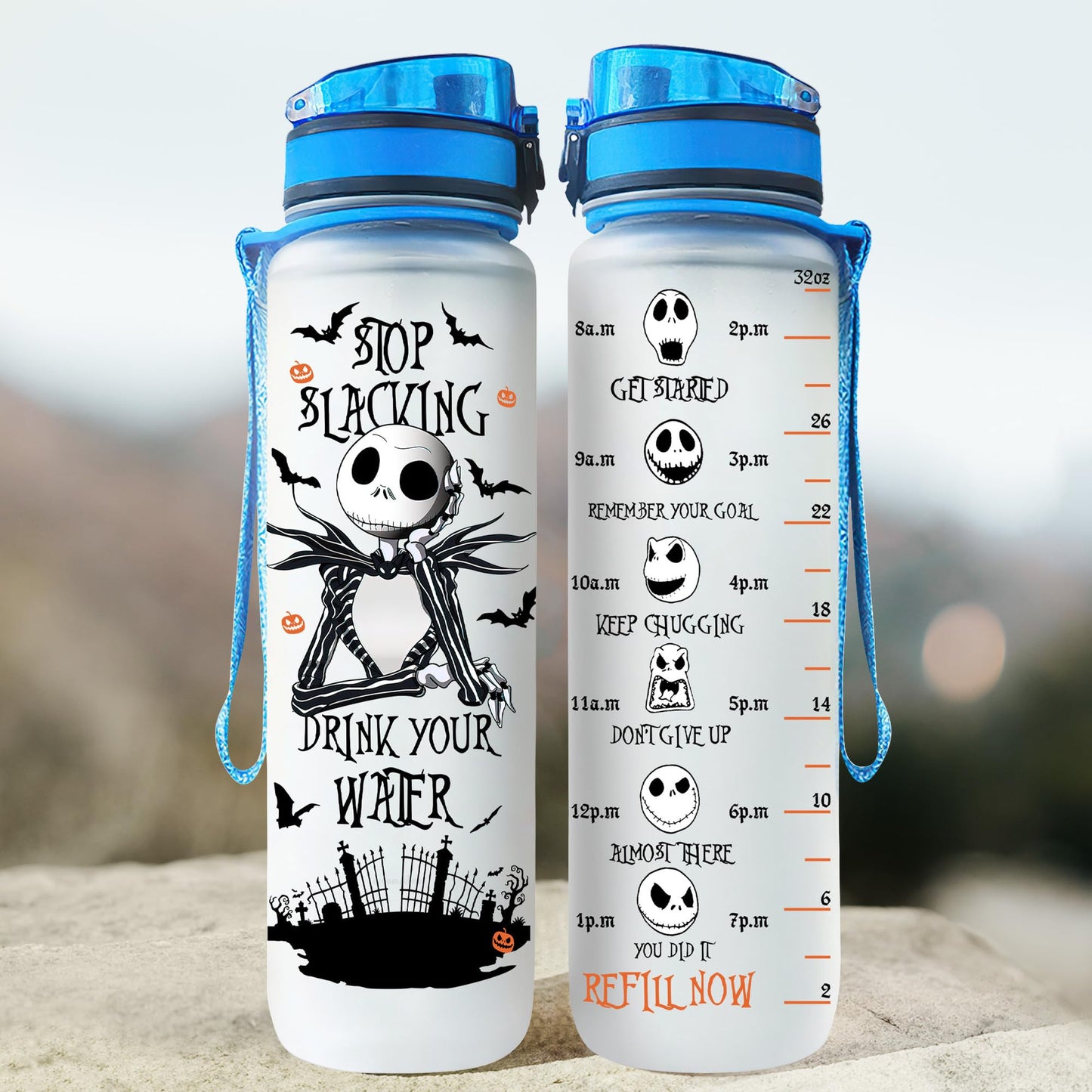 GEPOSTORE Nightmare 32oz Leakproof BPA-Free Jack Pumpkin Motivational Water Bottle with Time Marker - Fitness Sports Bottle with Strap - Perfect for Office, Gym, Outdoor - Halloween Themed