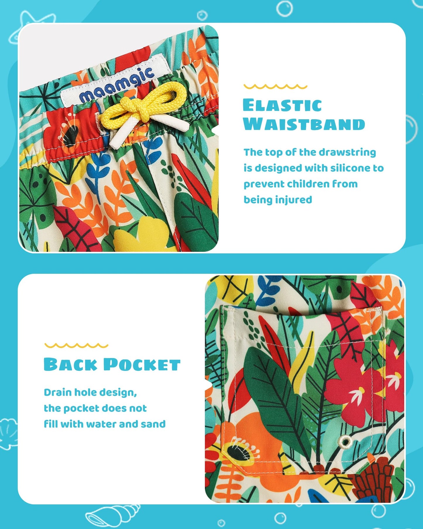 maamgic Boys Swim Trunks with Compression Liner Toddler Stretch Swim Shorts Quick Dry Swimming Trunks Boxer Brief 2 in 1 Beach Shorts Flower Garden 3T