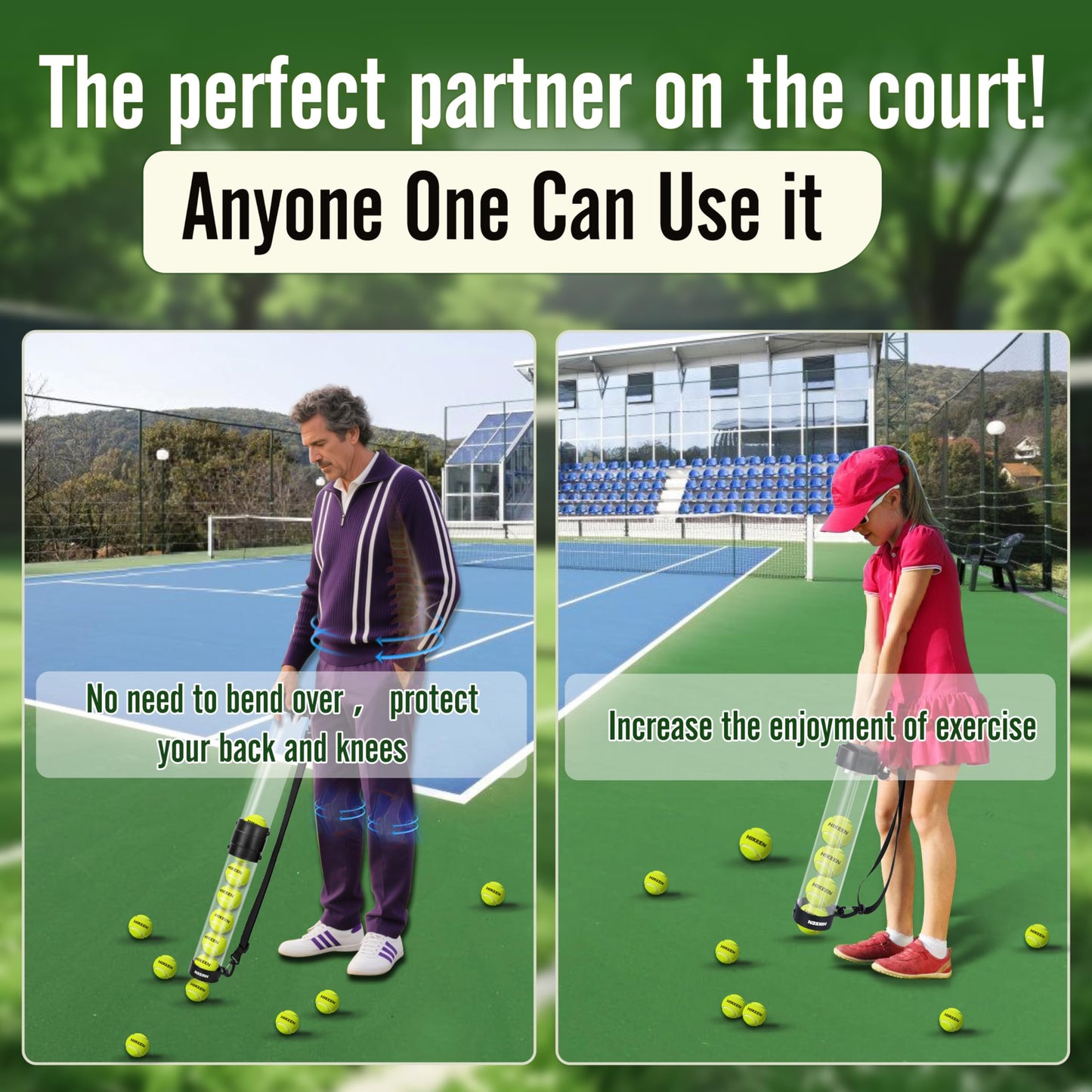 Hikeen Durable Tennis Ball Pick up Tube with 12 Tennis Balls,Quick Pickup & Storage Tennis Ball Tube with Shoulder Strap for Tennis Accessories - Includes 12 Balls