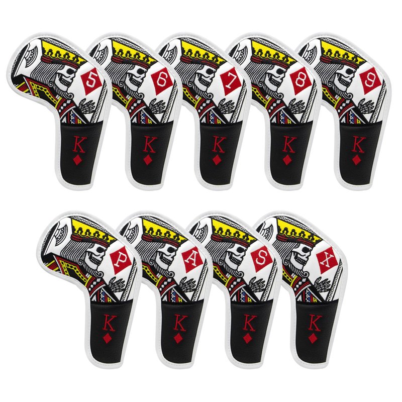 BAIRBRE Golf Club Covers Poker Diamond King Driver Cover Fariway Wood Headcover 3 Hybrid Head Covers Blade Putter Cover Mallet Putter Haedcovers with Magnetic Closure for Most Brand (Golf Iron Covers)