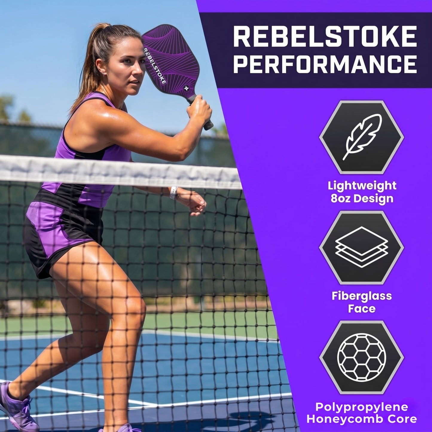 REBELSTOKE Pickleball Paddles Set of 4 – Premium Fiberglass Paddle Set with 14mm Polypropylene Honeycomb Core – Complete Bundle with 8 Indoor/Outdoor Balls & Carry Bag – for Beginners to Advanced