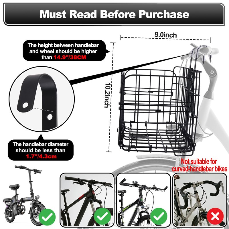 Bike Basket, Foldable Bicycle Basket with Removable Liner Bag, Large Quick Release Design Meta Bike Basket Front for Carrying Dogs, Pets, Fruit, Groceries, Ebike Bicycle Accessories