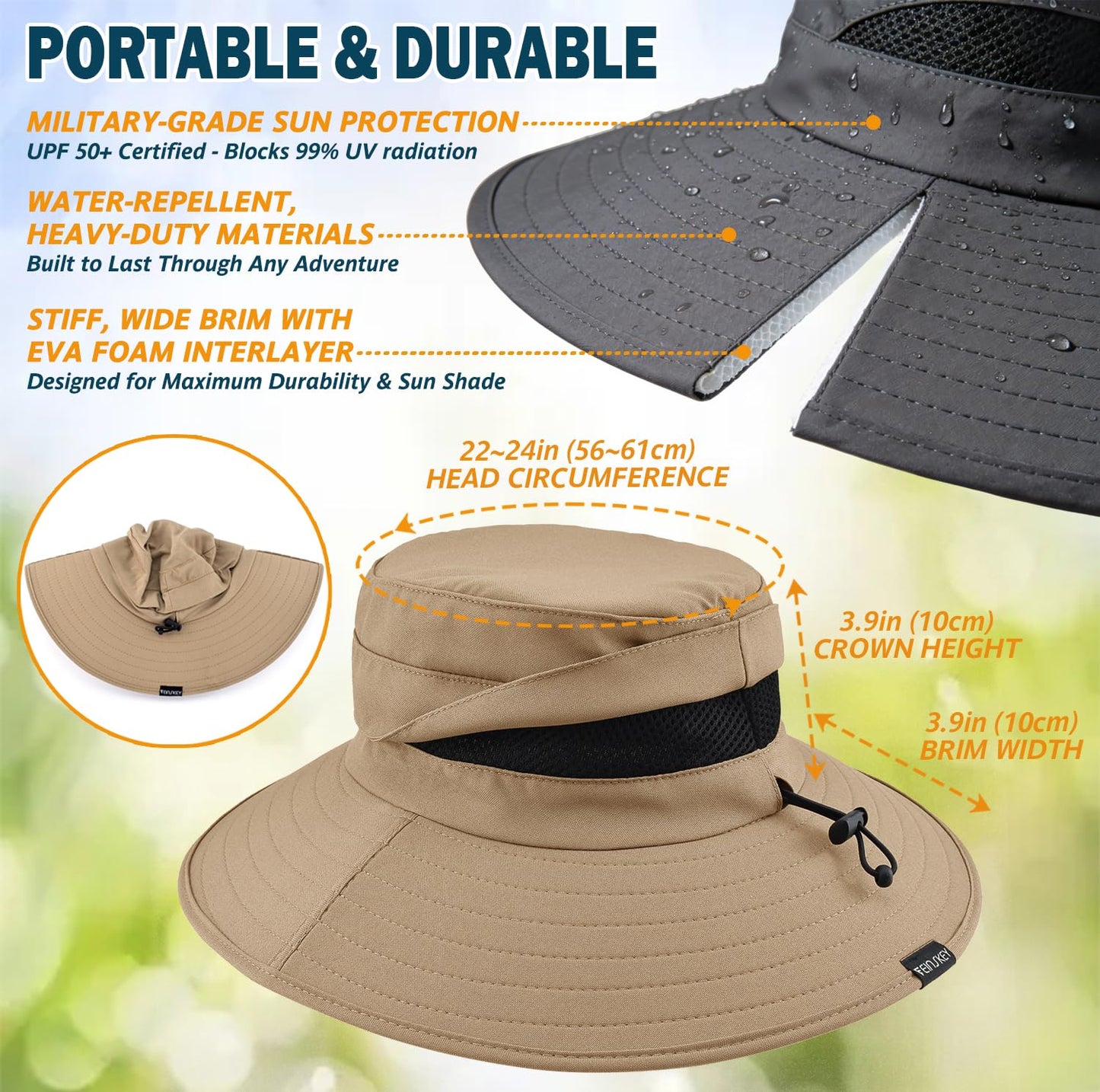 Men's UPF 50+ Waterproof Wide Brim Boonie Hat, Sun & Rain Protection Camel
