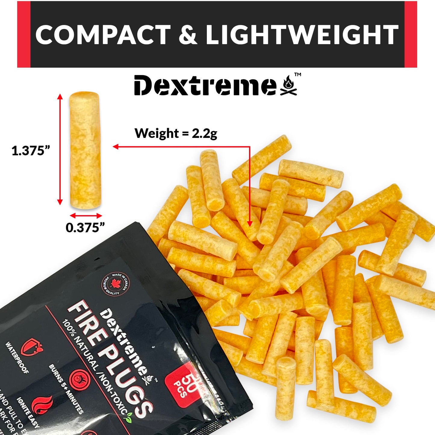 Dextreme Fire Plugs (50) Waterproof Fire Starter for Campfires, Emergencies, Survival, Fire Pits, Grills | 5+ Minute Burn | All Natural | Made in North America