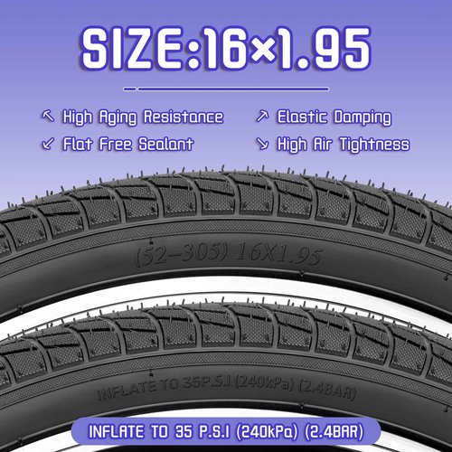 2-Pack BMX Kids Bike Tires, 16×1.95 inch Bike Replacement Tire, 16" Inner Tubes Schrader Valve, Compatible with Child, Tricycle, Cruiser Bike