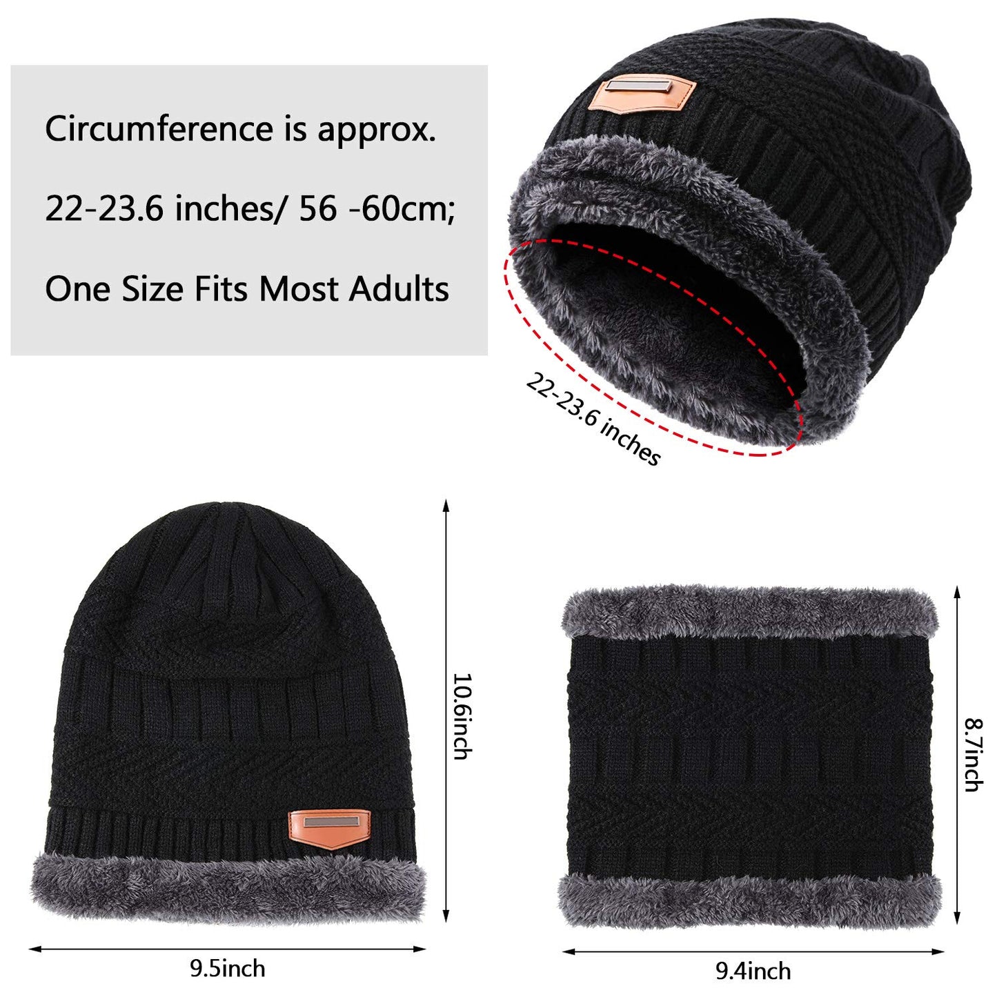 Winter Beanie Hat Scarf Set Fleece Lined Warm Knit Skull Cap and Scarf for Men Women Multi-Color (Black, Grey, Wine Red, Navy Blue, Coffee, 5)