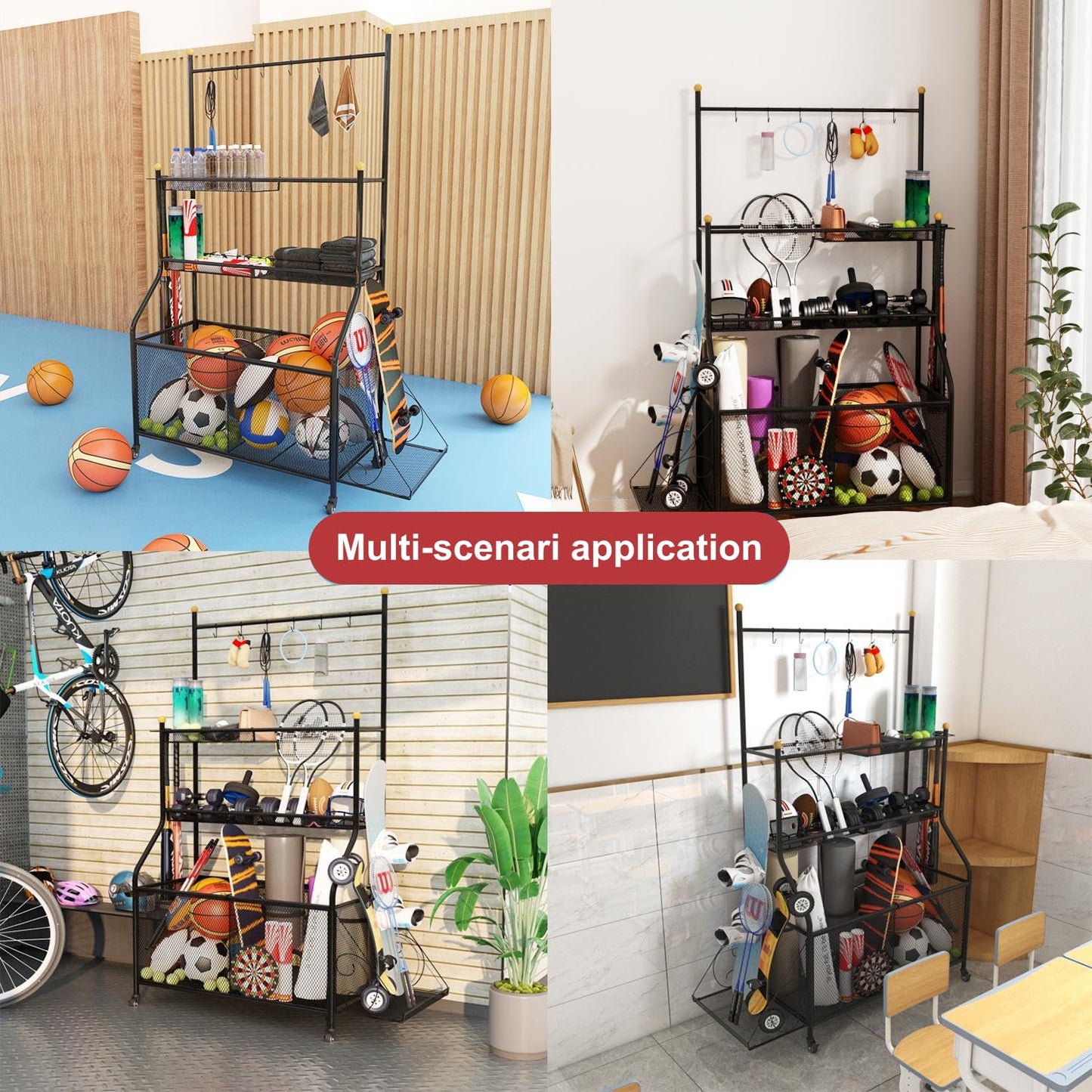 MOMINGXPENG Garage storage, Garage Sports Equipment Organizer Rack for Home Gym Black Rolling Basketball Holder sports equipment storage Indoor/Outdoor