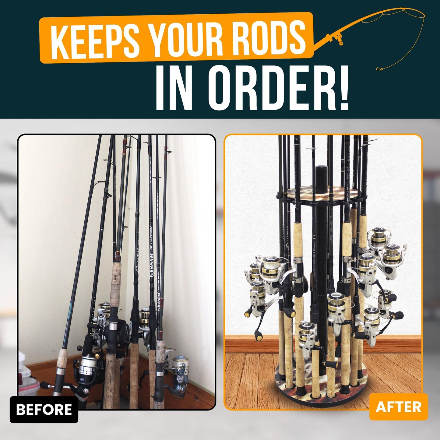 Rush Creek Creations | Round Fishing Rod Holder for 16 Freshwater Fishing Poles, Fishing Gear, and Fishing Accessories | Fishing Rod Rack with 16 Fishing Rod Clips for Garage Organization