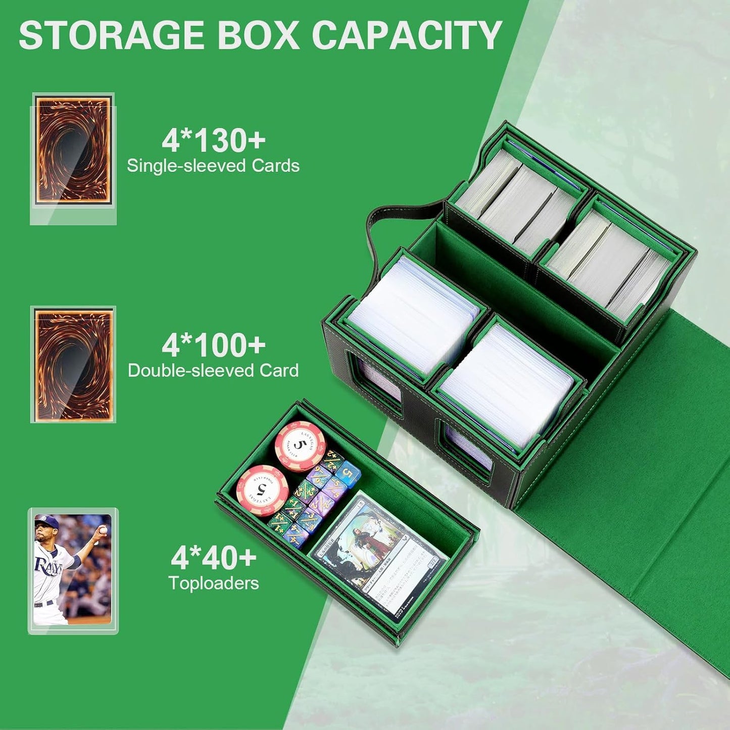 Commander Deck Box for MTG | Card Storage for 400+ Double-Sleeved Cards - 5-in-1 Removable Case with Display Windows (Black & Green)