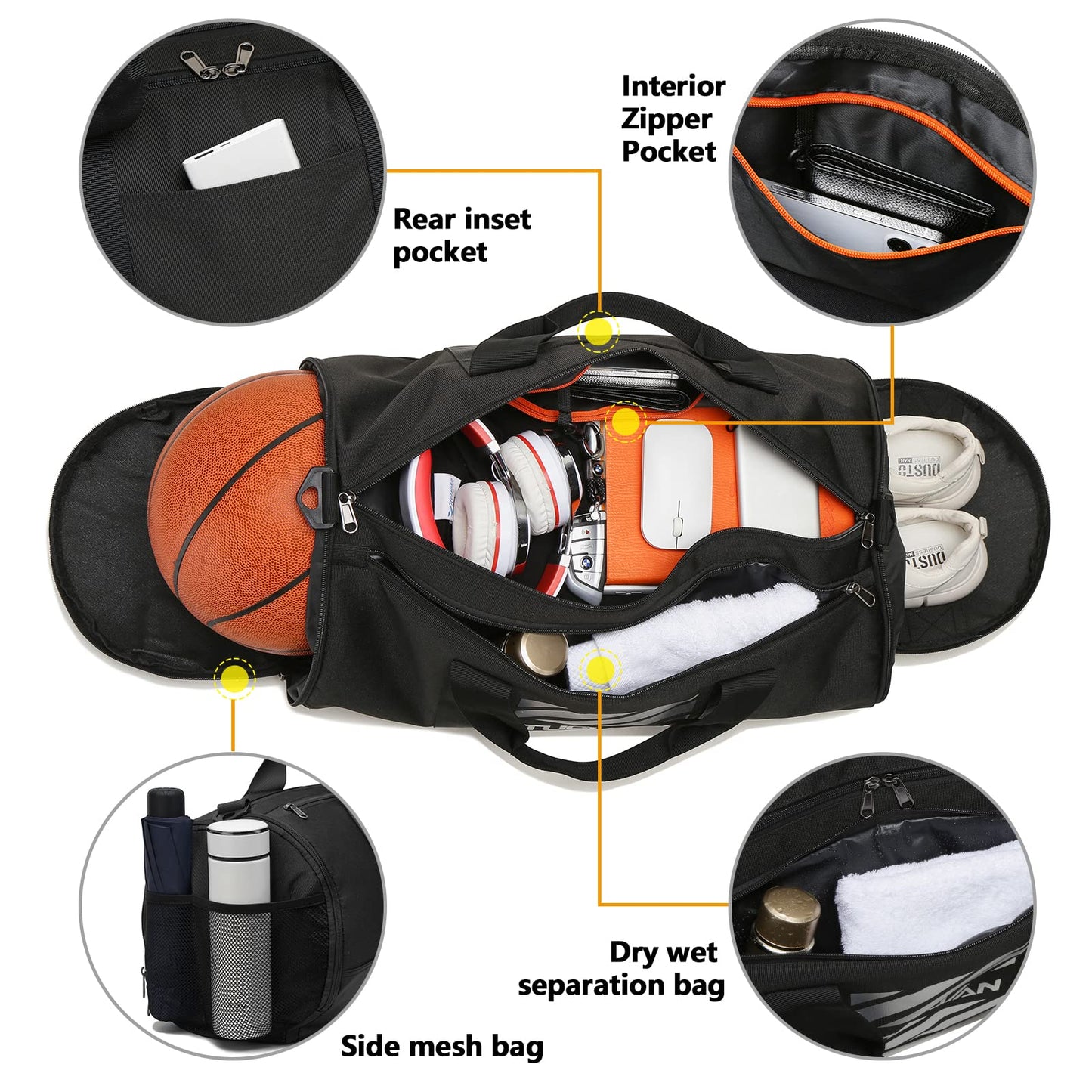 TUGUAN Gym Bag for Men Women with Wet Pocket & Shoe Compartment Travel Duffle Bag Man Sport Basketball Football Bag Weekend Overnight Duffel Bag Gym Tote bag 40L, Black