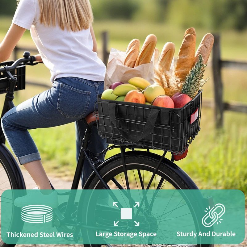 Rear Bike Basket, Heavy Duty Bike Basket with Foldable Design, 4mm Steel Frame, Waterproof Liner Bag & Cargo Net, Bike Basket for Groceries and Commuting, Fits Most Rear Bike Racks