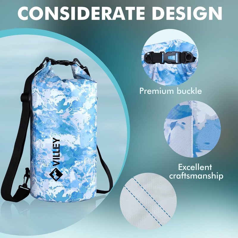 VILLEY Waterproof Dry Bag - 20L Roll Top Backpack for Kayaking, Camping & Beach | Blue Camo