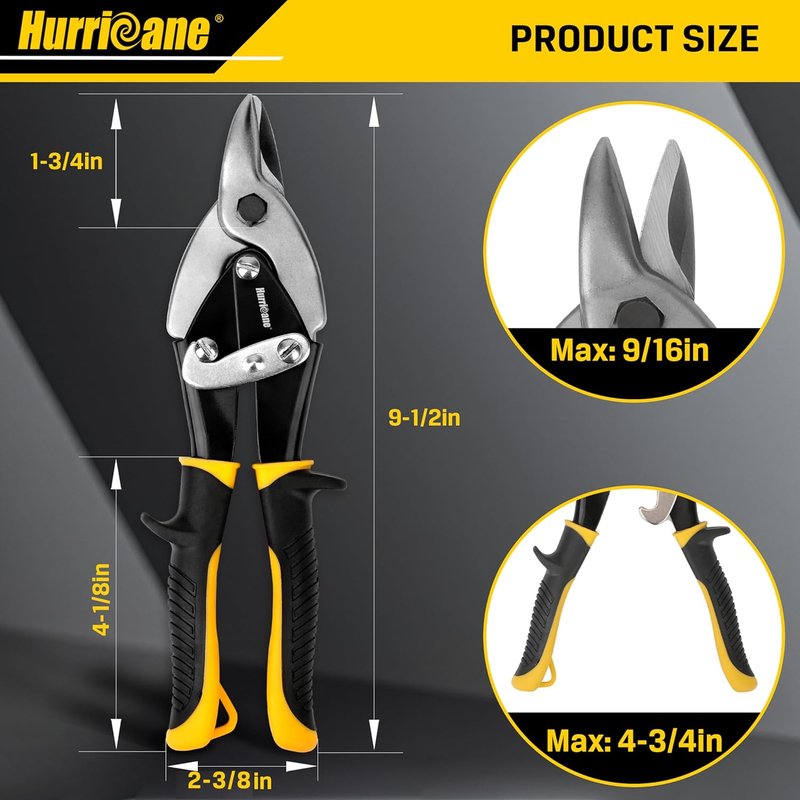 HURRICANE Aviation Tin Snips - 9.5" Straight Cut Sheet Metal Shears for HVAC & Metalworking | Bulldog Nose Cutters for 18ga Steel & 22ga Stainless
