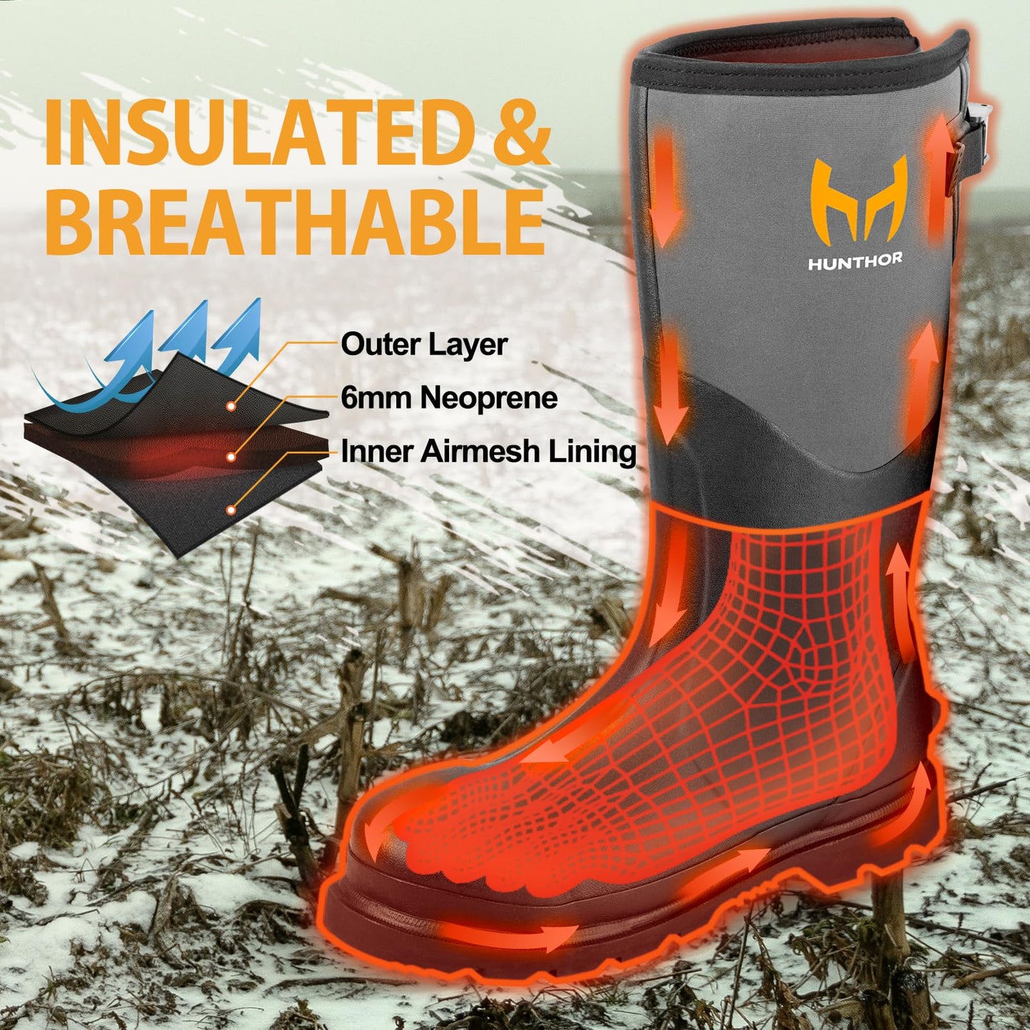 Hunthor Rubber Work Boots, Puncture-Proof with Steel Toe & Shank, Waterproof Insulated 6mm Neoprene Hunting Boots for Farming, Construction, Gardening, Fishing, Outdoor Work