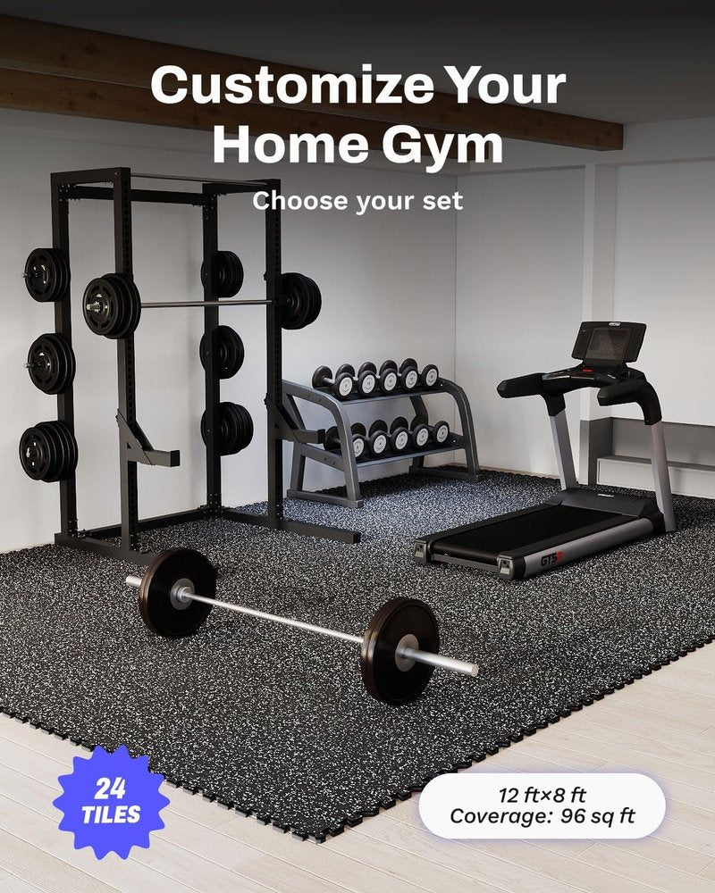 AIRHOP Exercise Mats - 0.79in Thick Interlocking Rubber Tiles | 96 Sq Ft Black & White Gym Flooring
