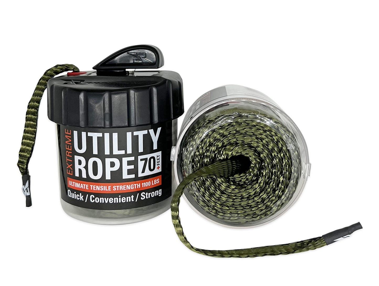 Rapid Rope Canister 70ft Green Flat Tactical Paracord, Made in USA, 1100lb Tested Heavy Duty Poly Rope Test Cord, Non-Tangle Dispenser Included - Hiking, Camping, Survival, Utility, Climbing