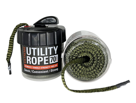 Rapid Rope Canister 70ft Green Flat Tactical Paracord, Made in USA, 1100lb Tested Heavy Duty Poly Rope Test Cord, Non-Tangle Dispenser Included - Hiking, Camping, Survival, Utility, Climbing