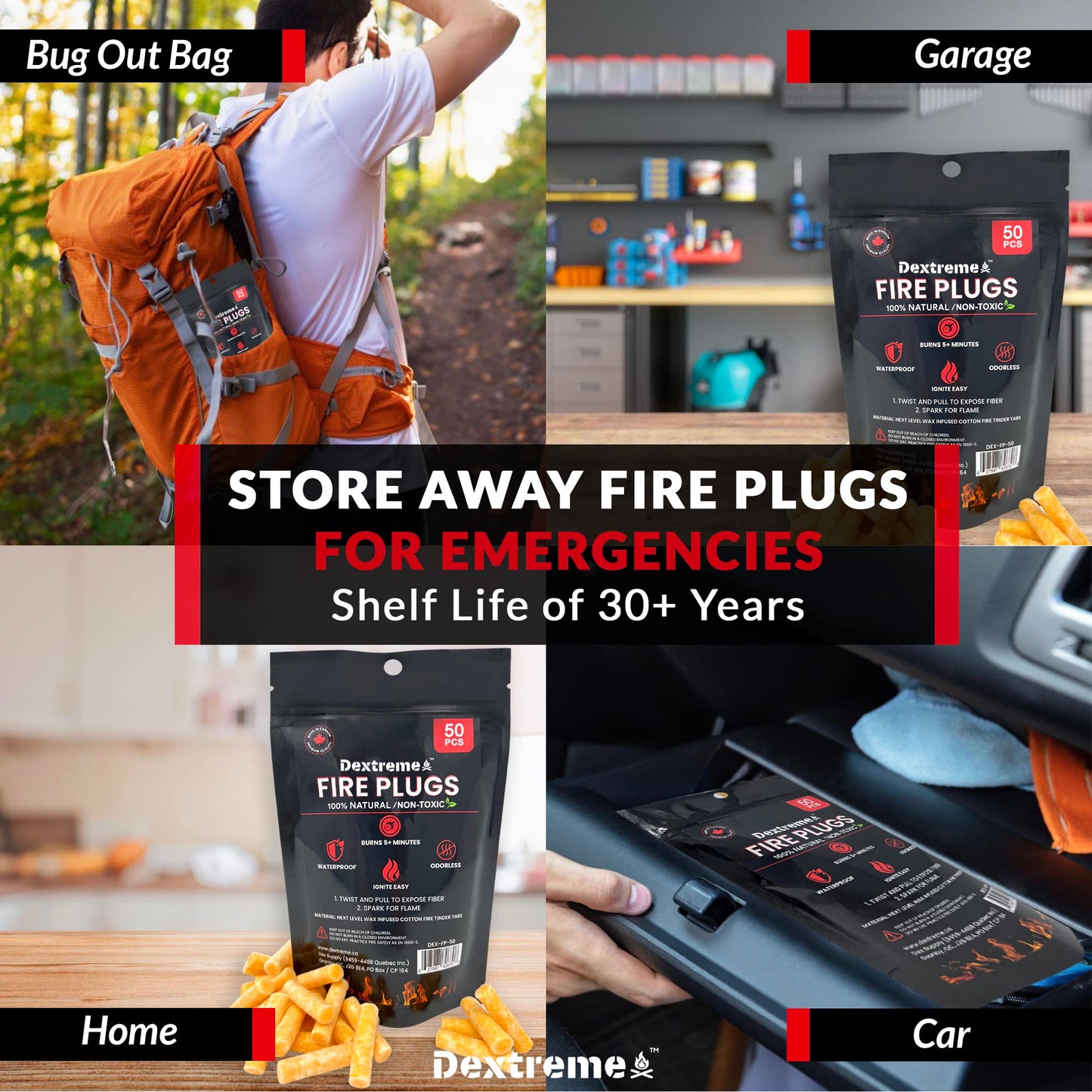 Dextreme Fire Plugs (50) Waterproof Fire Starter for Campfires, Emergencies, Survival, Fire Pits, Grills | 5+ Minute Burn | All Natural | Made in North America