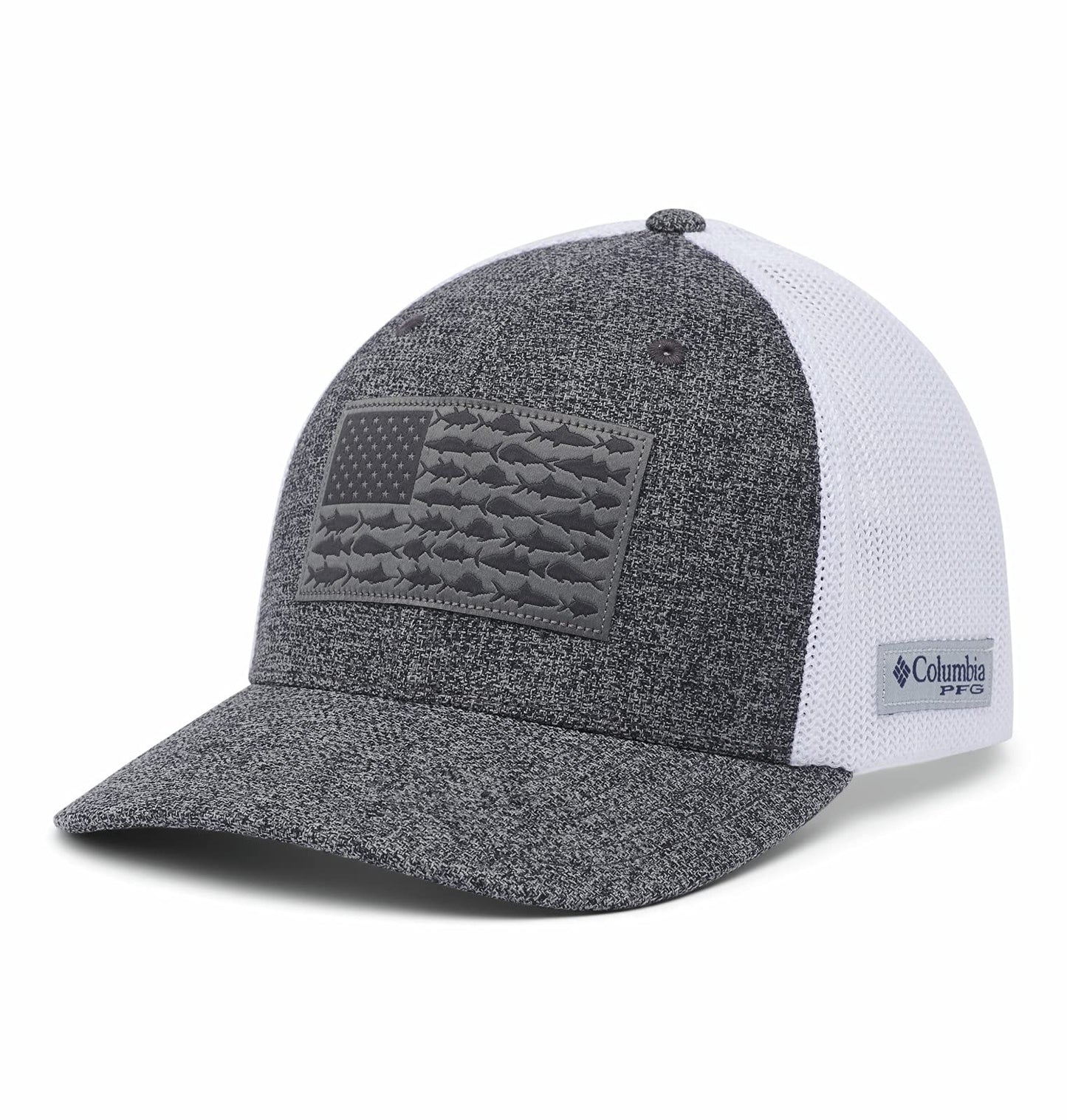 Columbia Unisex PFG Mesh Fish Flag Ball Cap, Breathable, Adjustable, Grill Heather/White/Us Fish Flag, Large-X-Large