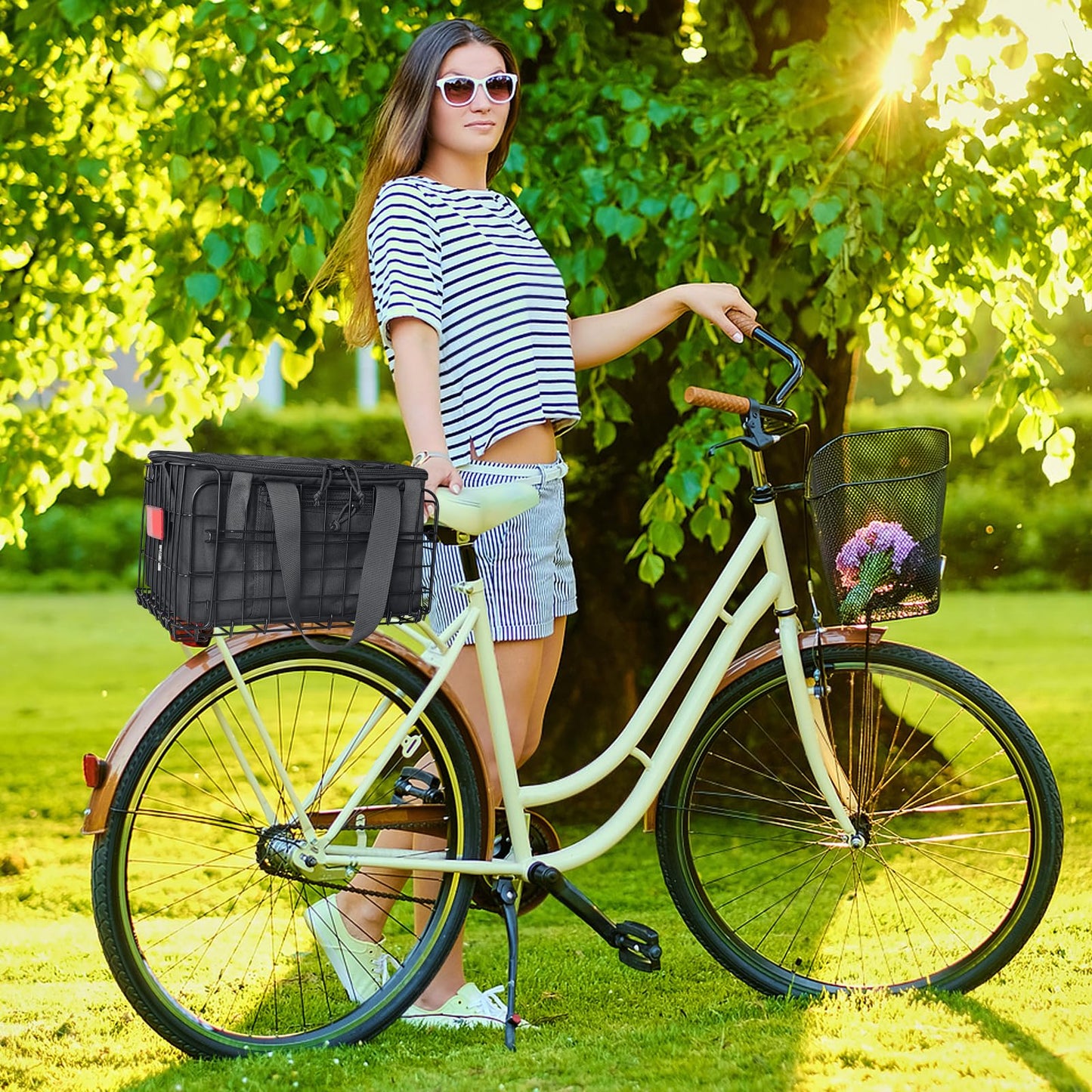 RAYMACE Bike Basket Rear,Bicycle Basket with Removable Liner,Rainproof Cover and Cargo Net,Folding Bike Baskets for Adult,Quick Release Design Fits for Most Rear Mounted Bike Rack