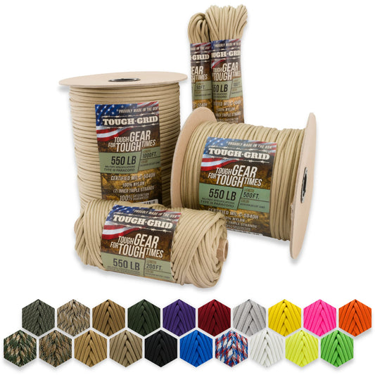 TOUGH-GRID Premium 550lb Paracord/Parachute Cord - 100% Nylon Mil-Spec Type III Paracord Used by The US Military, Great for Bracelets and Lanyards, Tactical Paracord 100Ft. - Buckskin (Desert Sand)