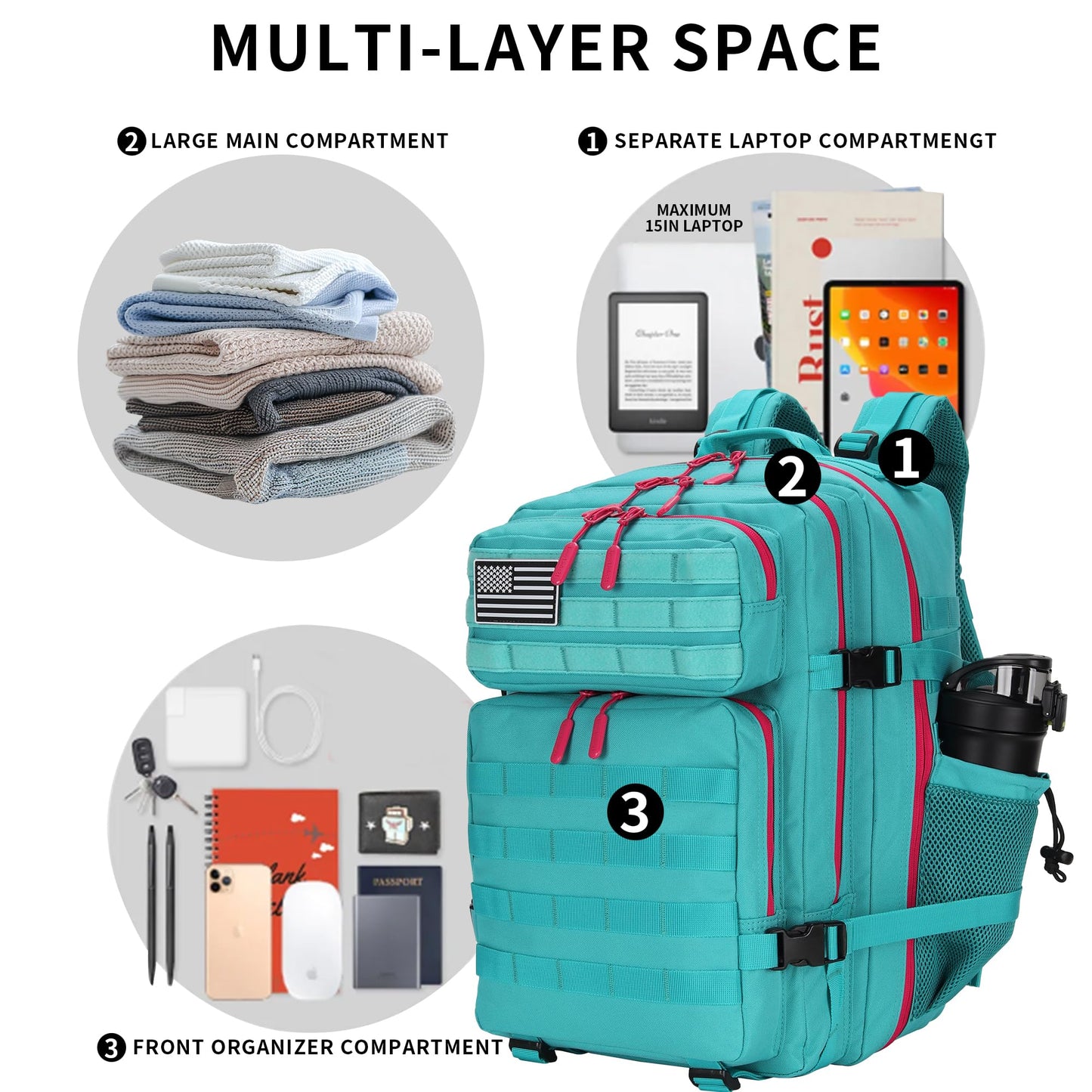 Lovelinks21 25L Tactical Military Backpack Small Travel Rucksack for Men and Women Assault Pack Bug Out Bag Molle Daypack Gym Backpack with Bottle Holder (Neon Teal)