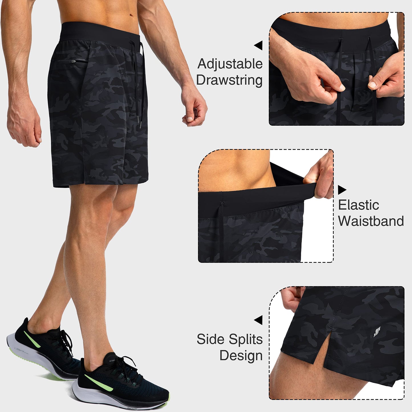 Soothfeel Men's Running Shorts with Zipper Pockets 7 Inch Lightweight Quick Dry Gym Athletic Workout Shorts for Men (Grey Camo, XXL)