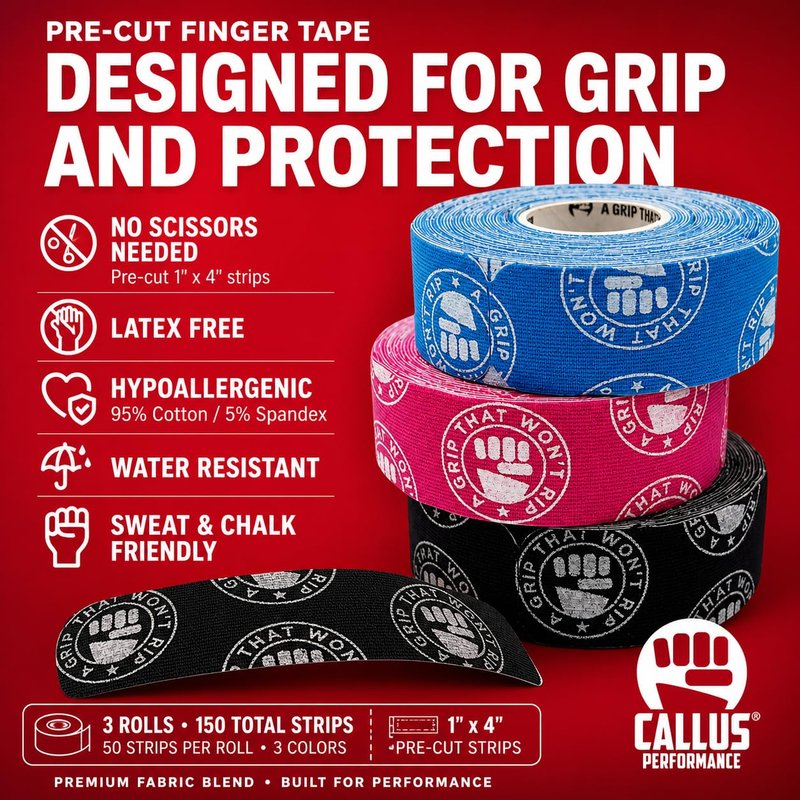 Callus Performance Pre-Cut Finger Tape (1x4") – Slim Hook Grip Tape for Weightlifting, Gymnastics & Rock Climbing – Flexible, Sweat-Proof & No-Residue Adhesive – 3-Pack, 150 Strips Total