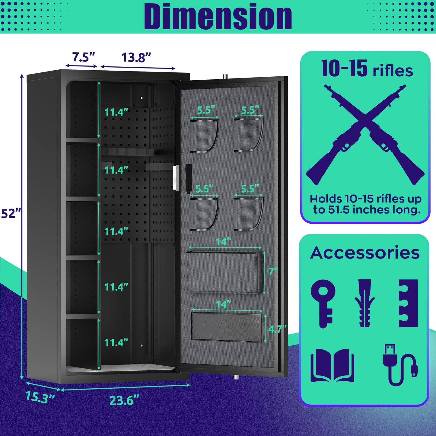 Eltean 14-15 Large Gun Safe for Rifles and Pistols,Gun Cabinet with Quick-Access Digital Lock and Adjustable Gun Racks,Rifle Safes for Home with 4 Adjustable Shelves and 4 Holsters
