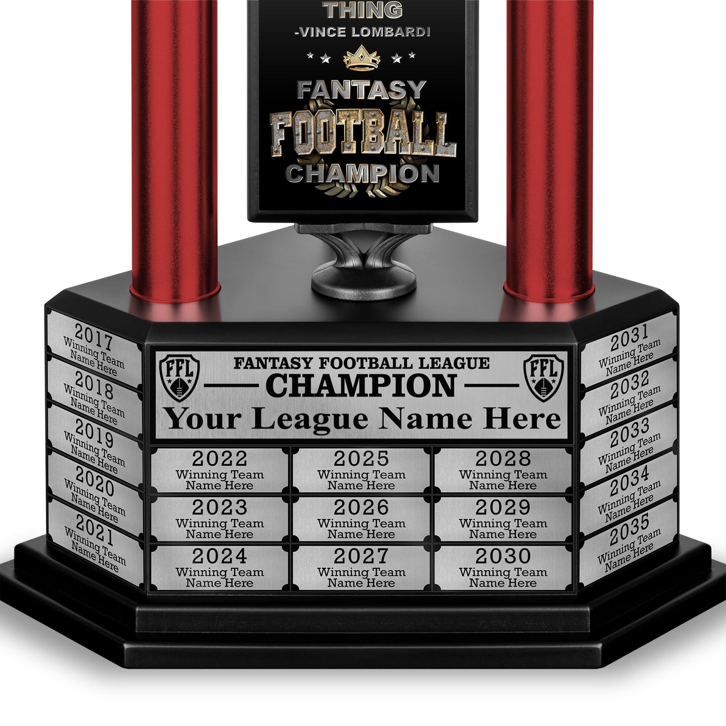 TrophySmack Perpetual Fantasy Football Trophy - Customizable Championship Trophy Award Winner | Free Engraving up to 19 Years Past Winners, 56 Inch Tall (Vivid Black, Red Columns)