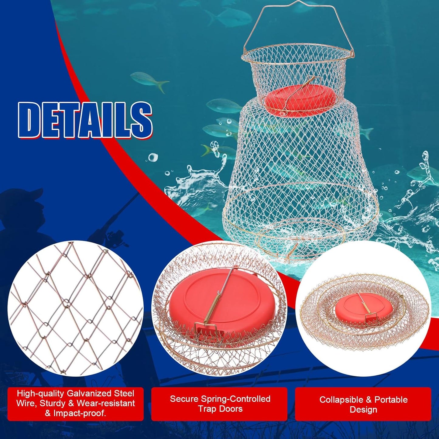 Floatable Galvanized Steel Wire Fish Basket - Portable, Durable Fishing Net Cage | Collapsible Design