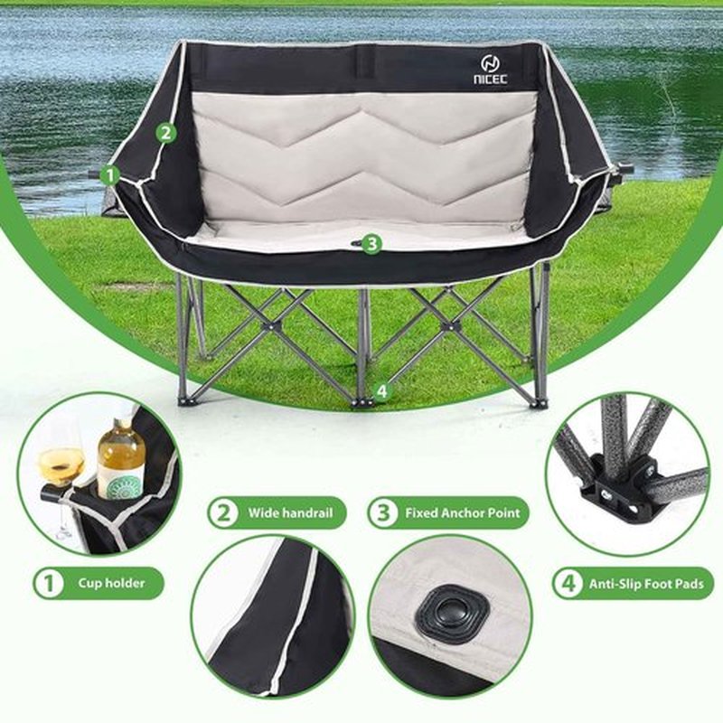 Nice C Loveseat Camping Chair, Double Camping Chair, Outdoor Camping Couch, Oversized Camping Loveseat, Padded Folding Chair for Adults, with Cooler Bag, Wine Glass Holder (Black&Grey)