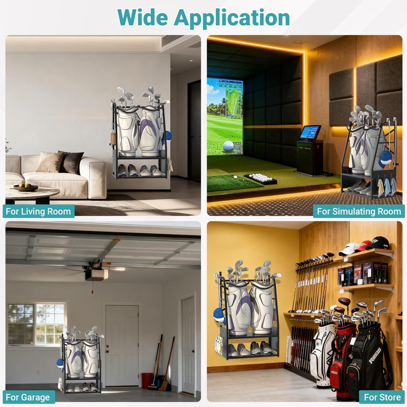 Eastrexon Golf Bag Organizer - Wall Mount & Freestanding - Holds 2 Golf Bags w/ 4 Club Racks, 10 Hooks & Storage Shelf - Golf Bag Stand w/Adjustable Feet for Garage, Store, Club, Shed