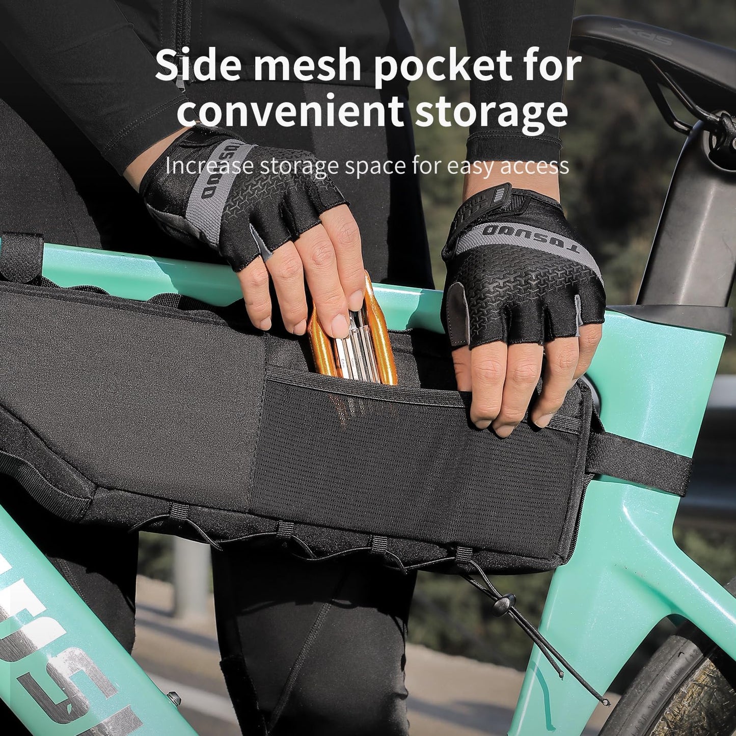 TOSUOD 3L Large Bike Frame Bag, 7" Phone Fit – 4-Point Anti-Sway Straps Secure Mount, Waterproof 600D Fabric, Full-Side Zipper Quick Access, Tool-Free Install, Universal MTB/Road/Gravel/E-Bike Storage