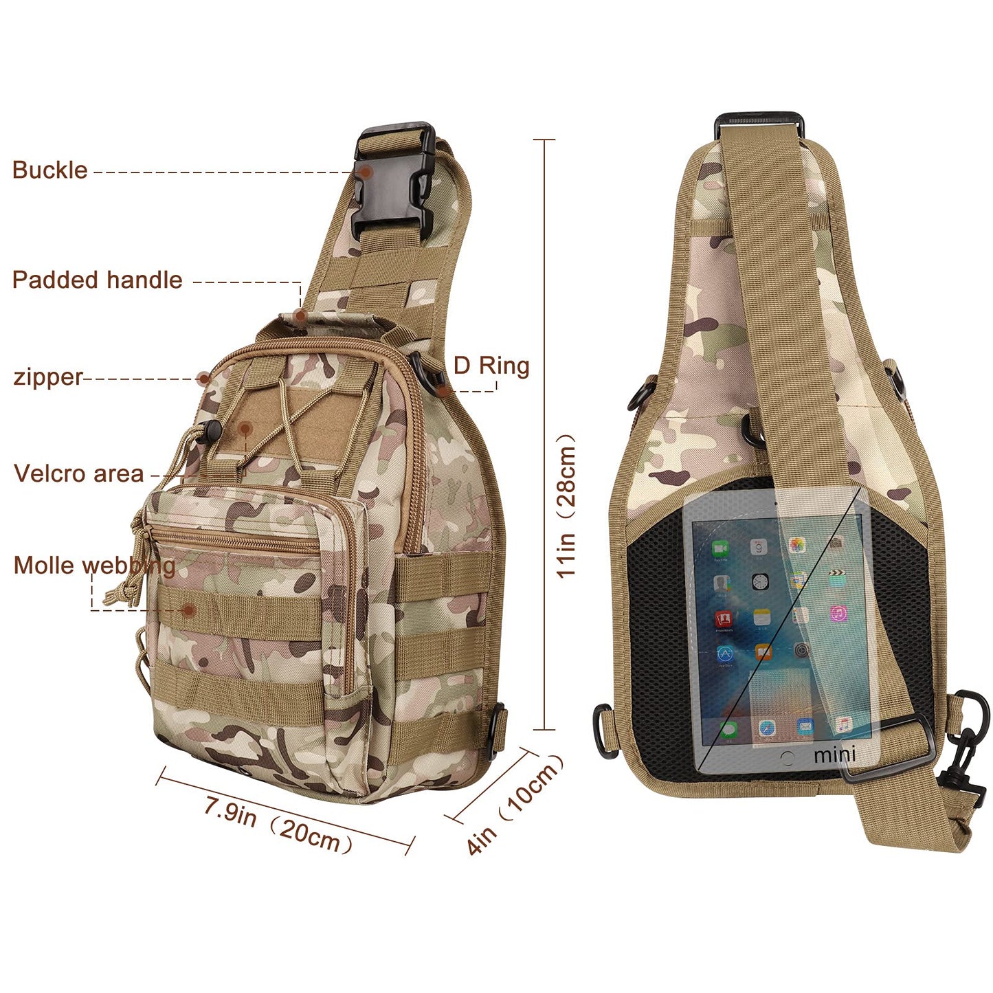 Qcute Tactical Backpack, Waterproof Military Cross-body Molle Sling Shoulder Backpack Chest Bag for Outdoor Every Day Carry (CP camouflage)