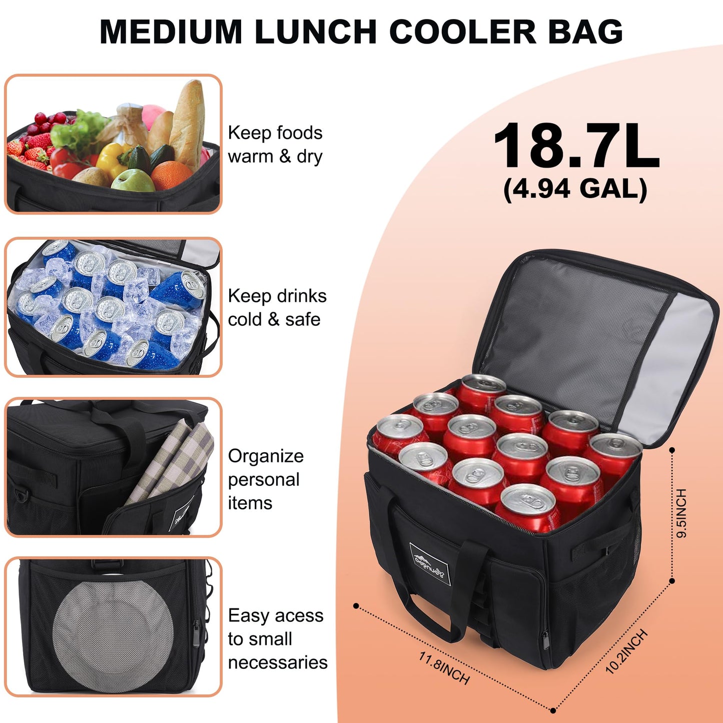 YOUNGOA 18L Small Insulated Cooler Bag Soft Sided Portable Collapsible ice Cooler for Beach, Camping, 24-Can, Leakproof