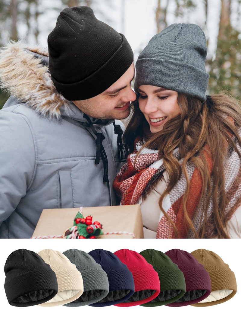 Fleece Lined Wool Beanie for Men Women, Knit Winter Hats Warm Cuffed Stocking Skull Cap Fashion Slouchy Beanies, Black