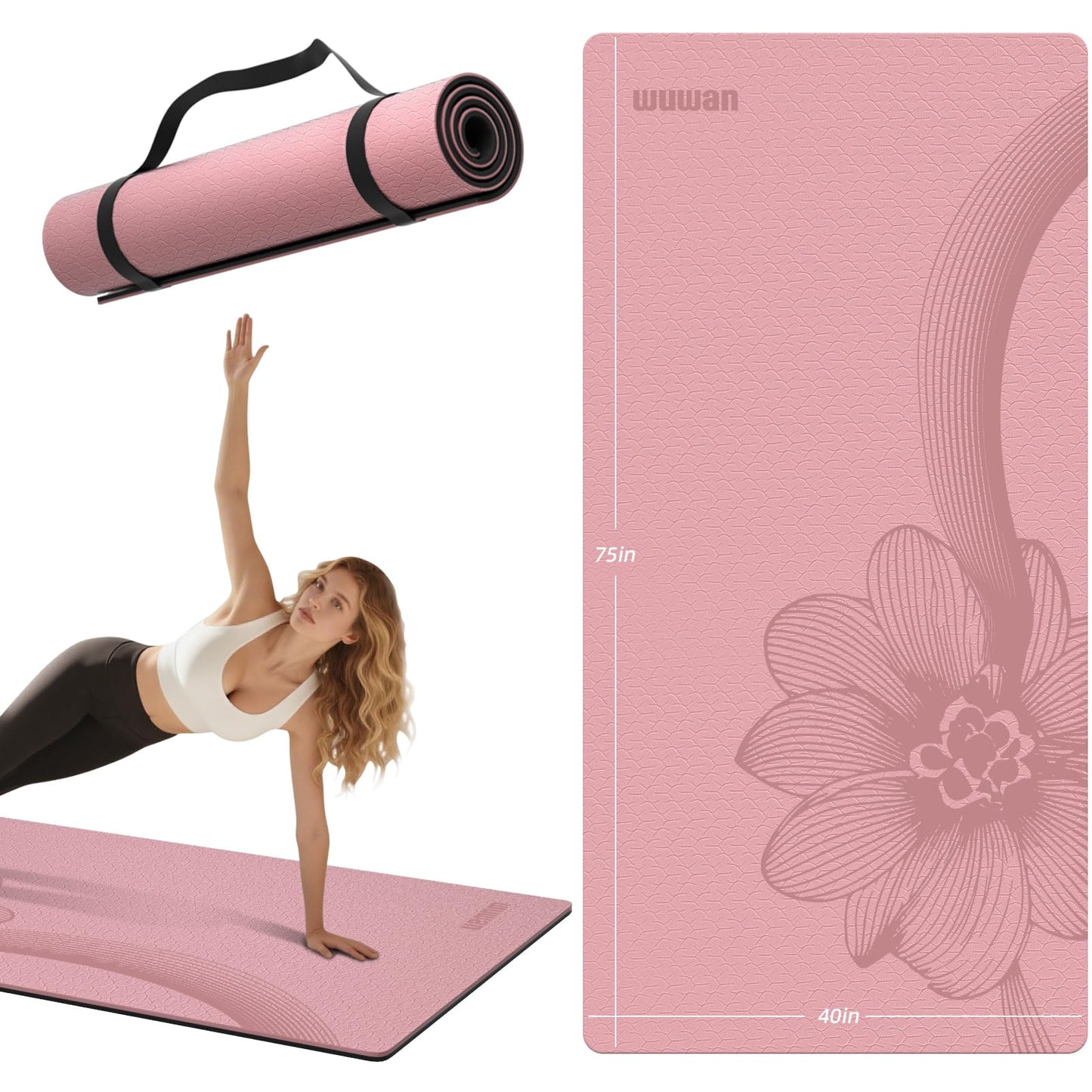 WUWAN Large Exercise Mat | 10mm Thick TPE Non-slip Gym Mats, Carrying Strap