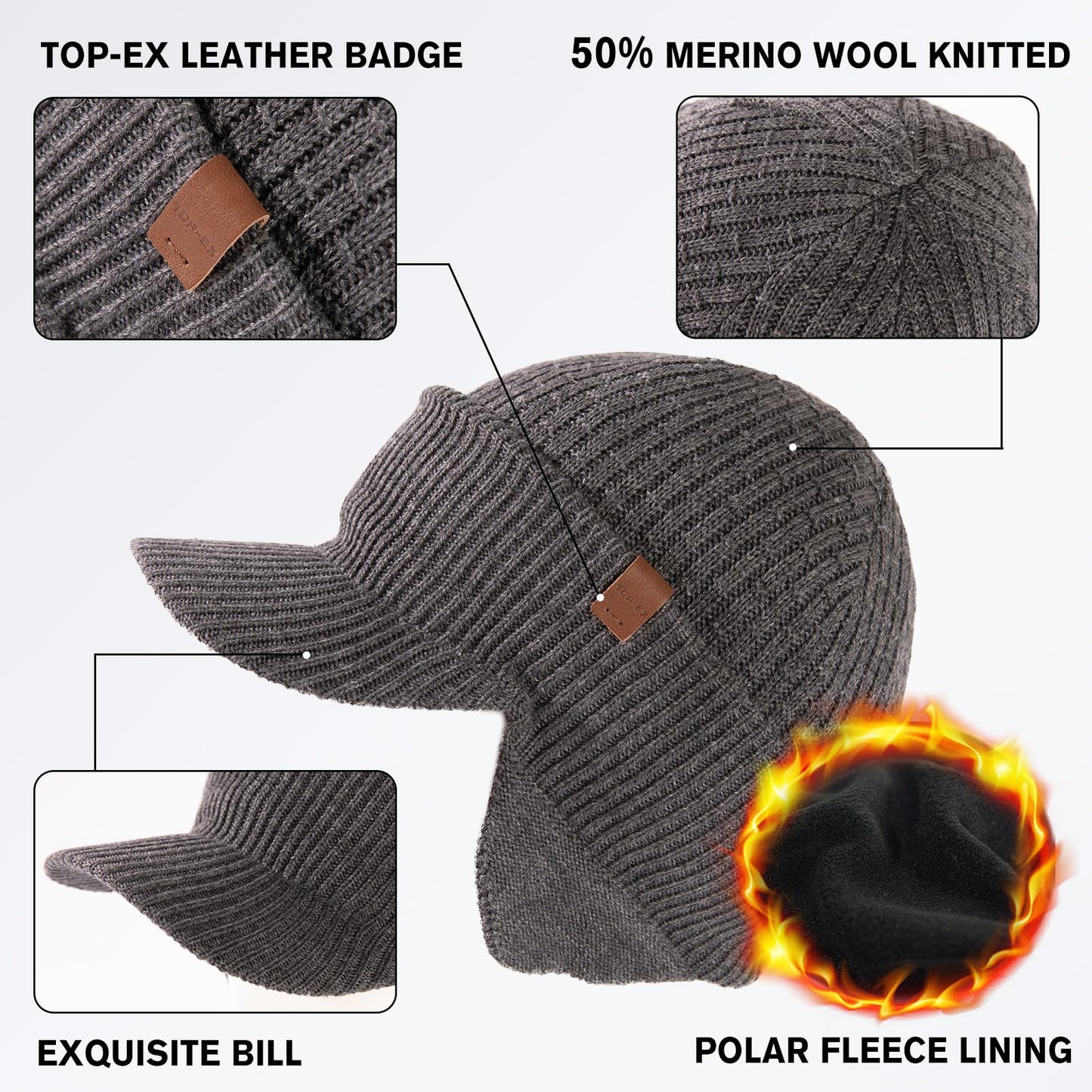 TOP-EX Waterproof Merino Wool Visor Brimed Beanie with Ear Protection Mens Large Winter Hat Warm Fleece Lined for Cold Weather Ski Running Grey M/L