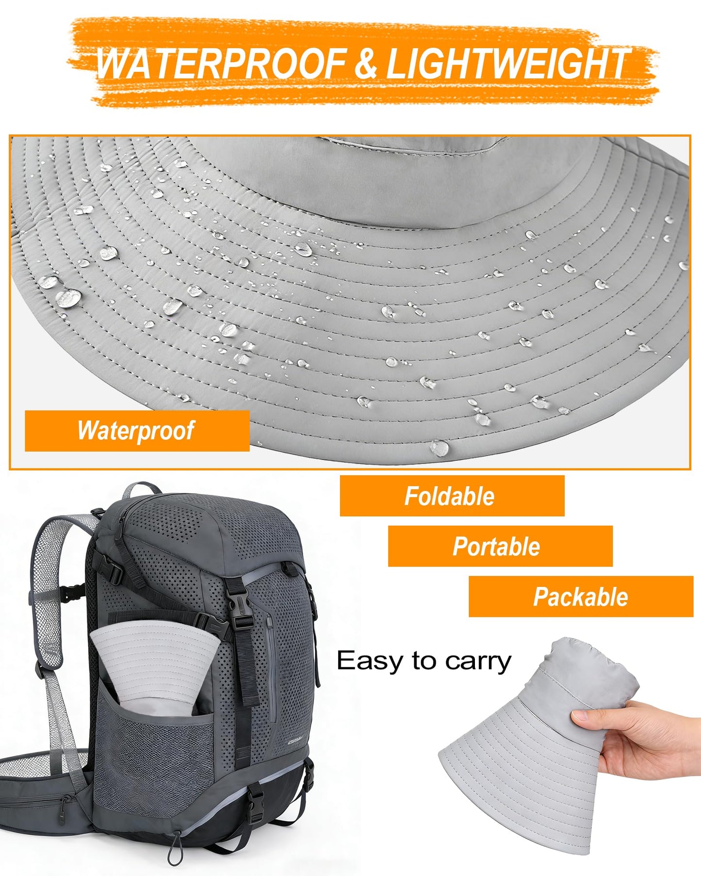 SENWAI Unisex UPF50+ Sun Hat with Ponytail Hole, UV Protection Wide Brim Bucket Hat for Men Women Beach Hiking Fishing, Light Gray
