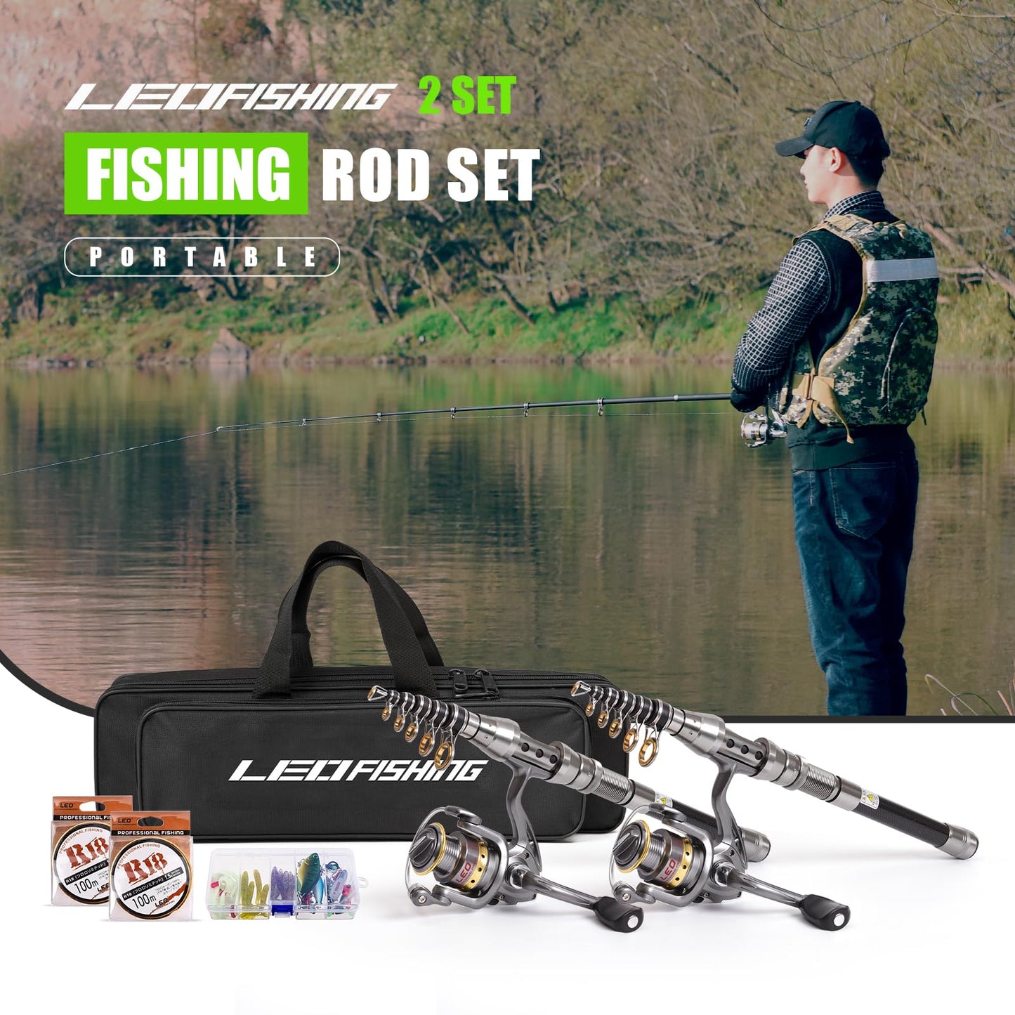 LEOFISHING 2Pcs Telespoic Fishing Rod and Reel Combos Collapsible Fishing Pole with Spinning Reel and Necessary Lure Accessories Portable Carrier Bag for Saltwater Freshwater (2Pcs, 210cm/6.89ft)